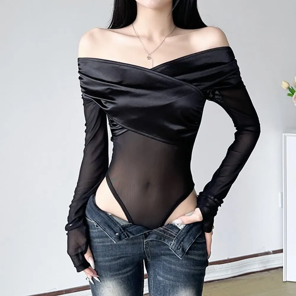 Black Mesh Off The Shoulder Long Sleeve Bodysuit