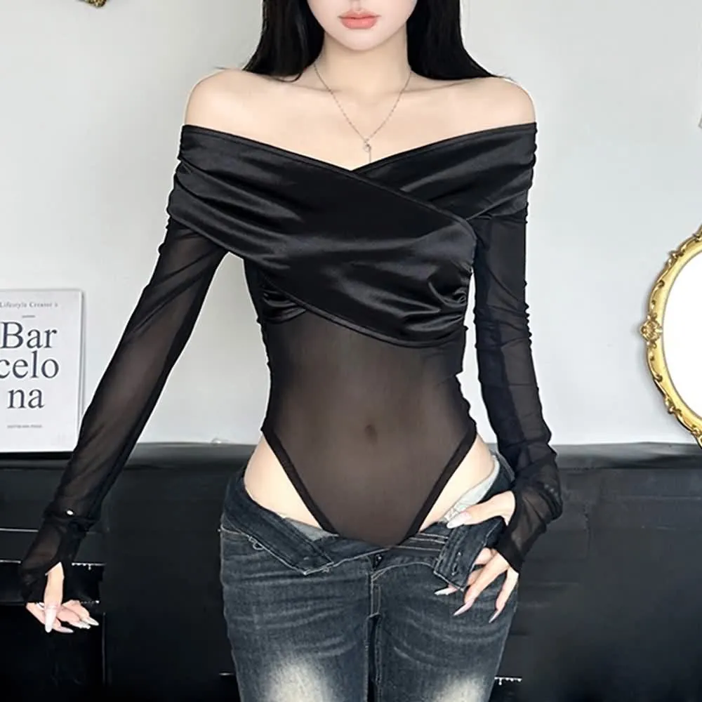 Black Mesh Off The Shoulder Long Sleeve Bodysuit