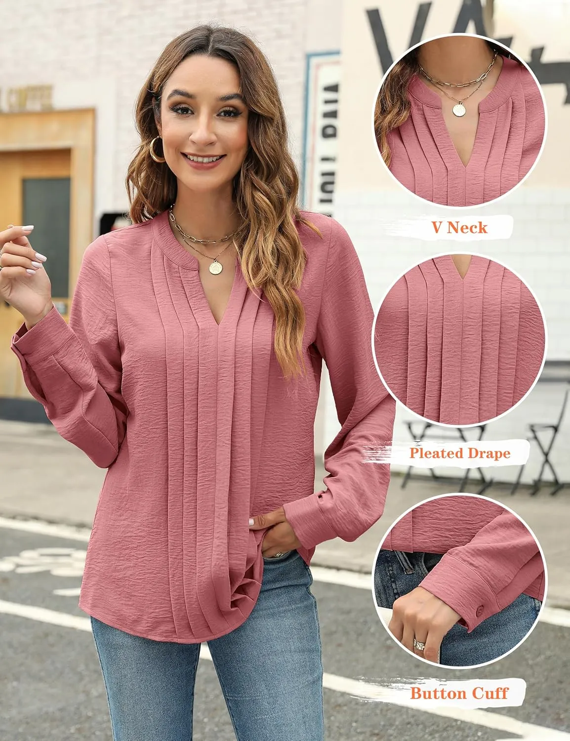 Blooming Jelly Women's Dressy Casual Blouses Business Work Tops Long Sleeve V Neck Pleated Shirts 2025 Fall Outfits