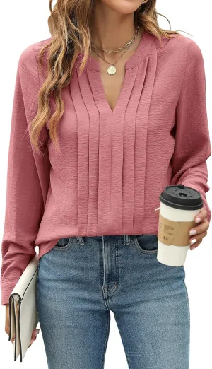 Blooming Jelly Women's Dressy Casual Blouses Business Work Tops Long Sleeve V Neck Pleated Shirts 2025 Fall Outfits