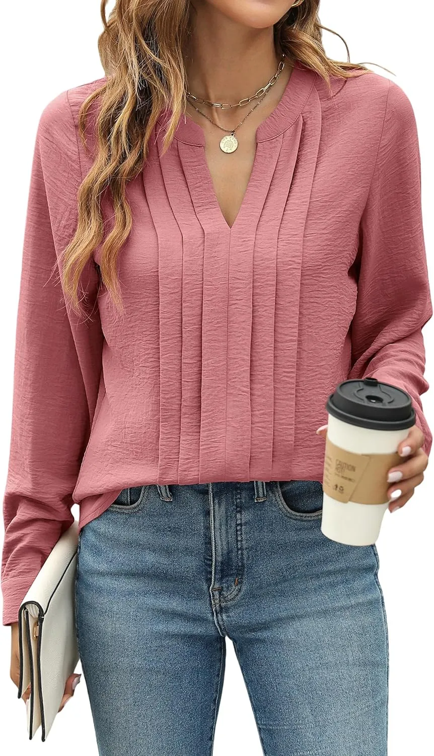 Blooming Jelly Women's Dressy Casual Blouses Business Work Tops Long Sleeve V Neck Pleated Shirts 2025 Fall Outfits