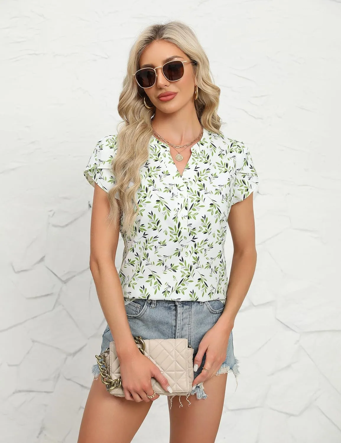 Blooming Jelly Women's Dressy Casual Tops Business Work Blouses White Button Down Shirts Cap Sleeve V Neck Tshirt