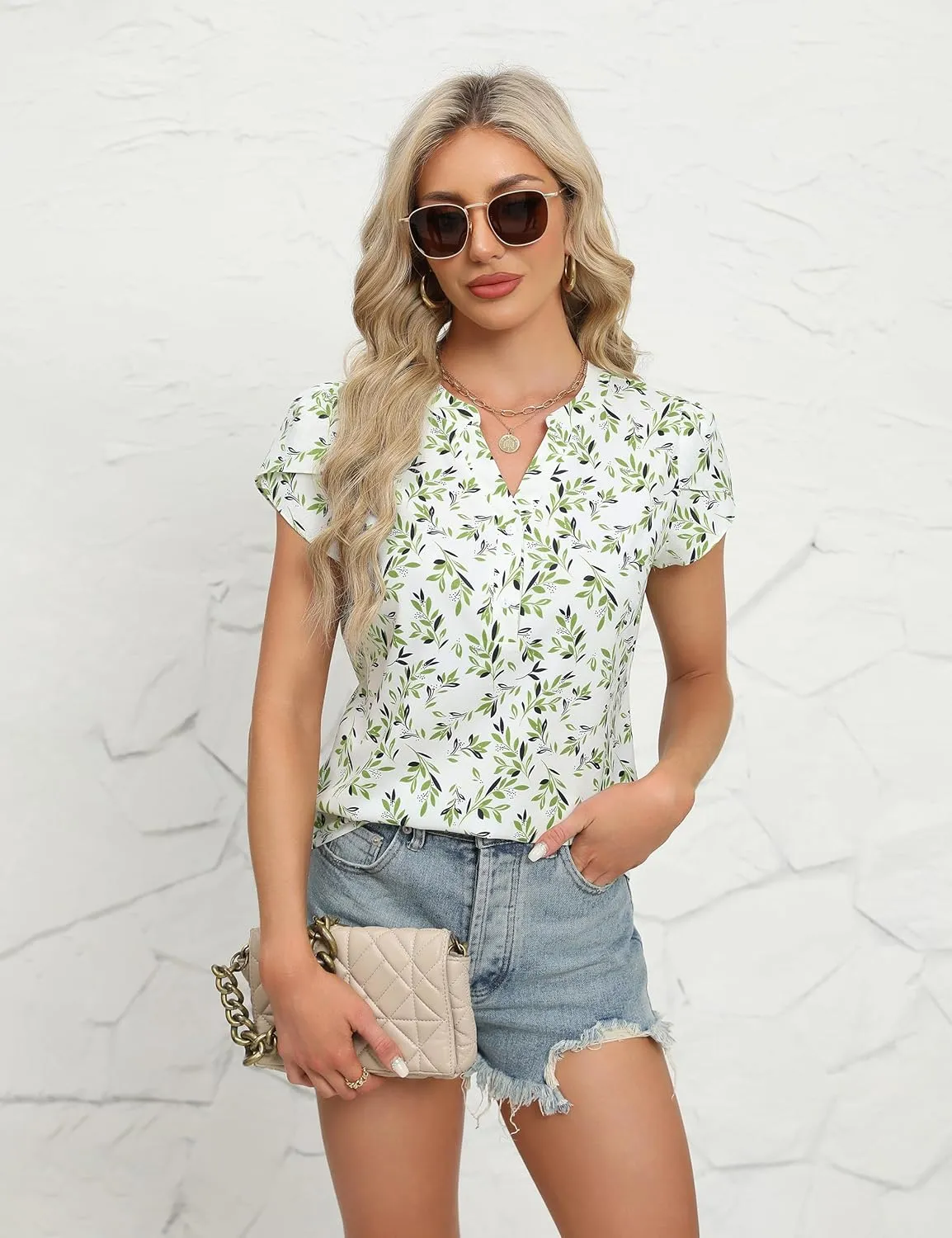 Blooming Jelly Women's Dressy Casual Tops Business Work Blouses White Button Down Shirts Cap Sleeve V Neck Tshirt