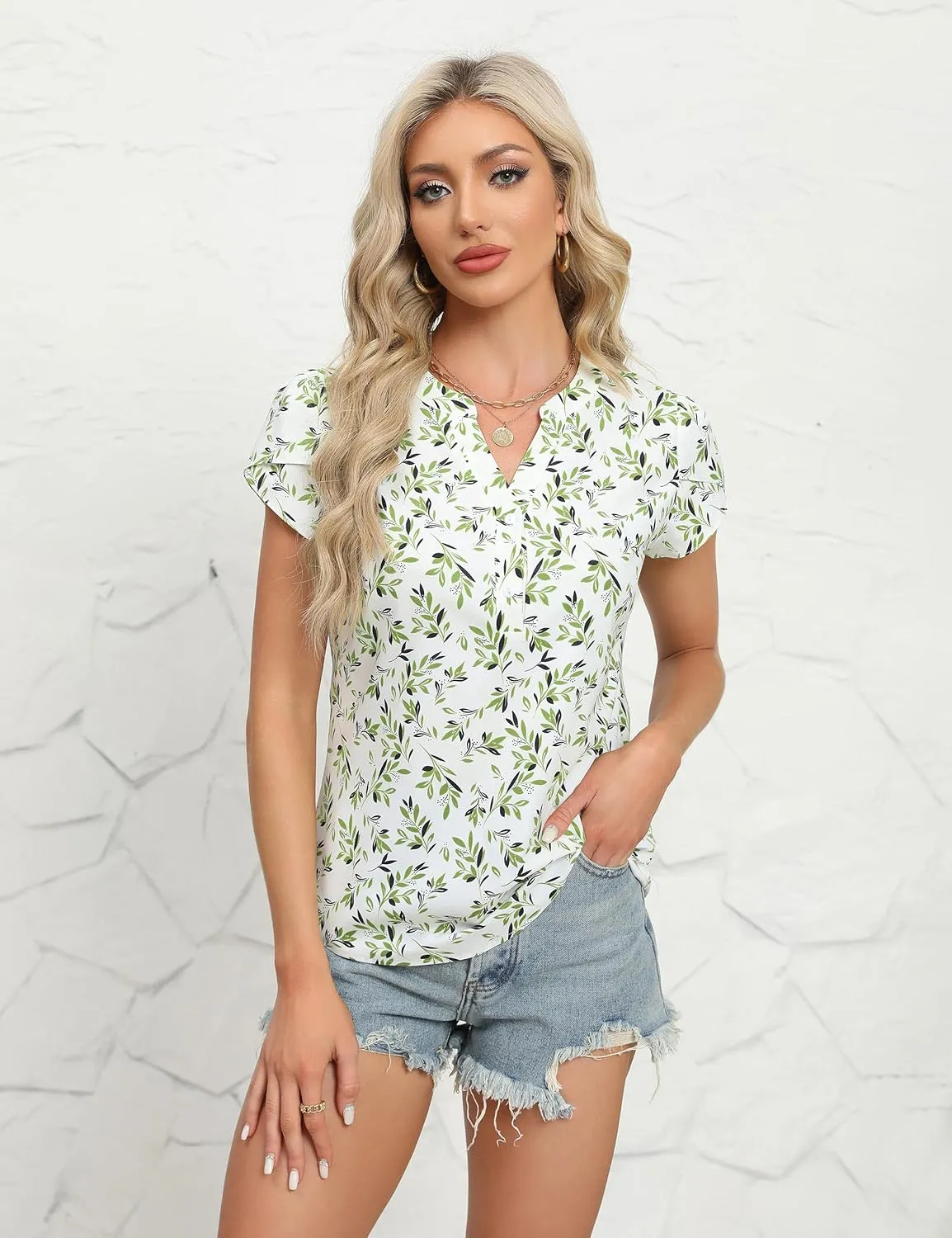Blooming Jelly Women's Dressy Casual Tops Business Work Blouses White Button Down Shirts Cap Sleeve V Neck Tshirt