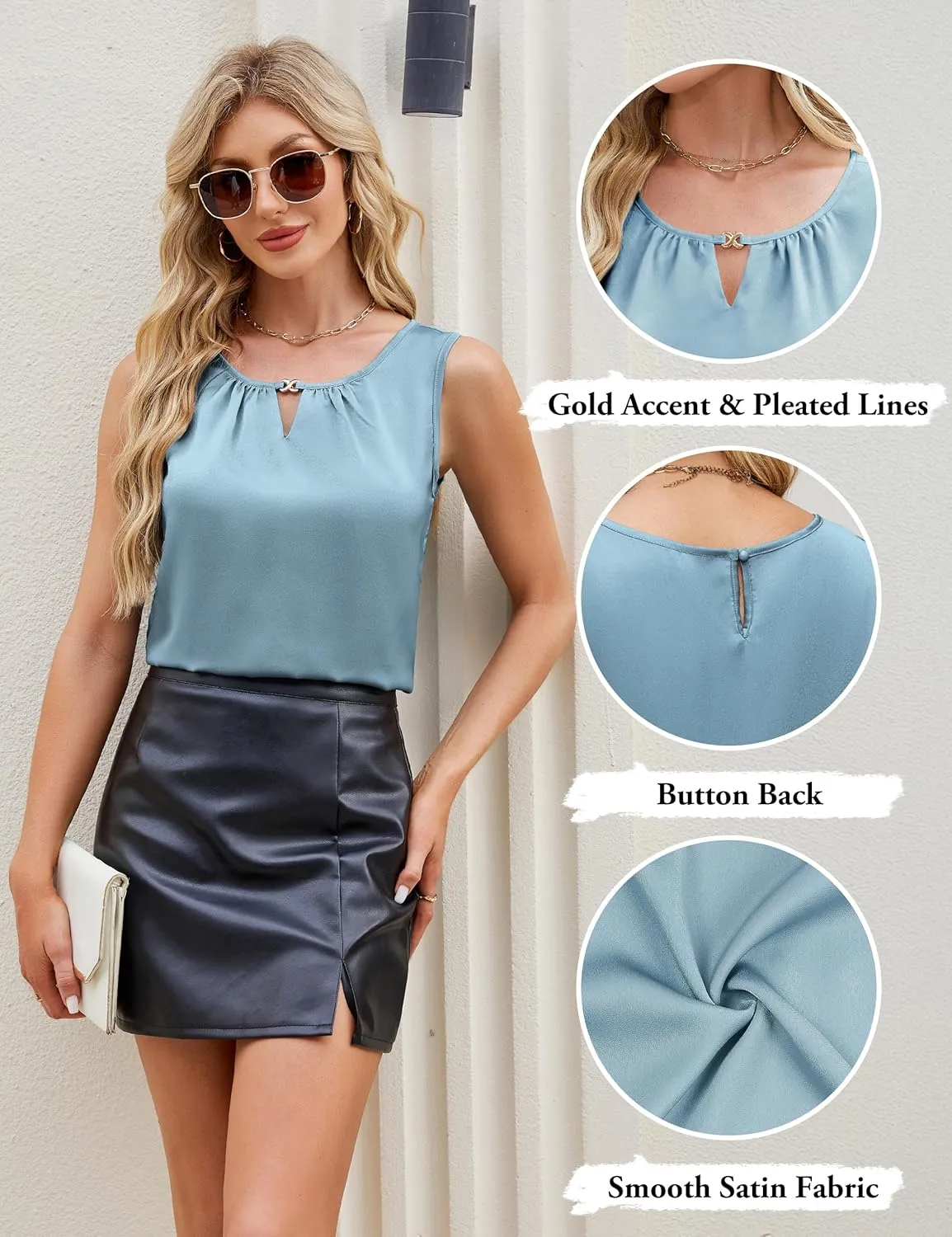Blooming Jelly Women's Summer Tank Top Business Casual Outfits Dressy Work Blouses Satin Sleeveless Keyhole Shirts