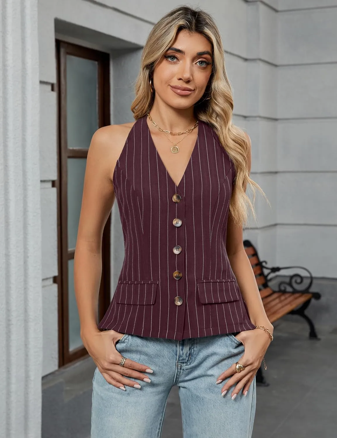Blooming Jelly Womens Vest Tops V Neck Button Down Sleeveless Trendy Summer Tank Tops Dressy Ladies Business Casual Outfits