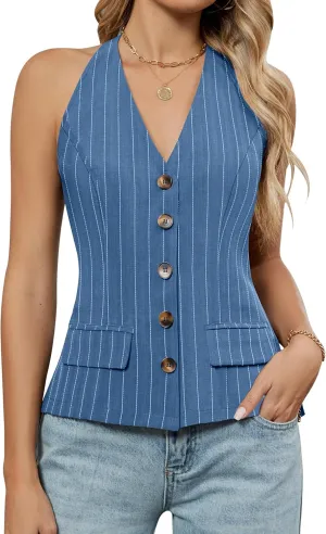 Blooming Jelly Womens Vest Tops V Neck Button Down Sleeveless Trendy Summer Tank Tops Dressy Ladies Business Casual Outfits