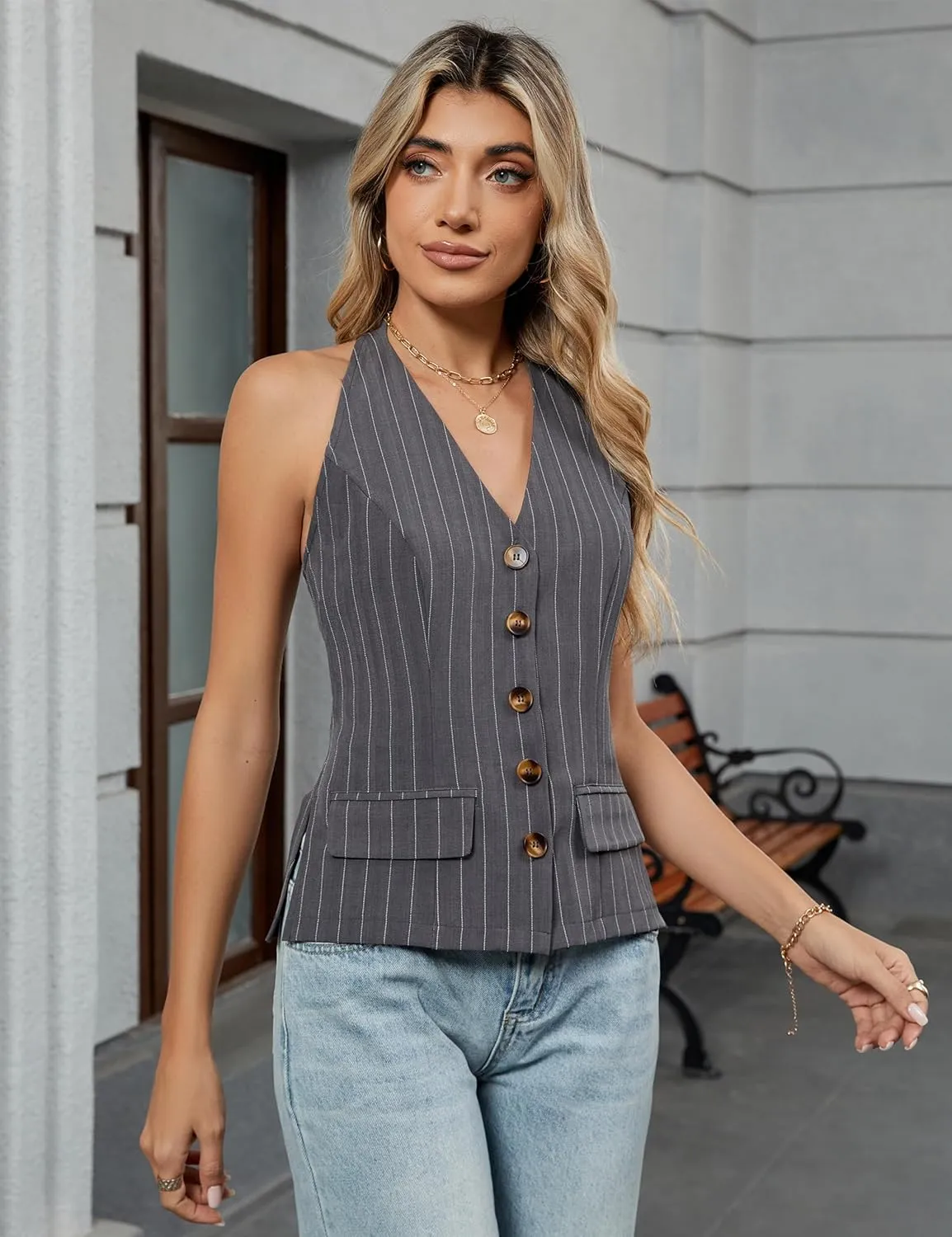 Blooming Jelly Womens Vest Tops V Neck Button Down Sleeveless Trendy Summer Tank Tops Dressy Ladies Business Casual Outfits
