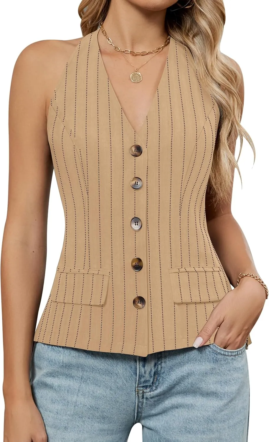 Blooming Jelly Womens Vest Tops V Neck Button Down Sleeveless Trendy Summer Tank Tops Dressy Ladies Business Casual Outfits