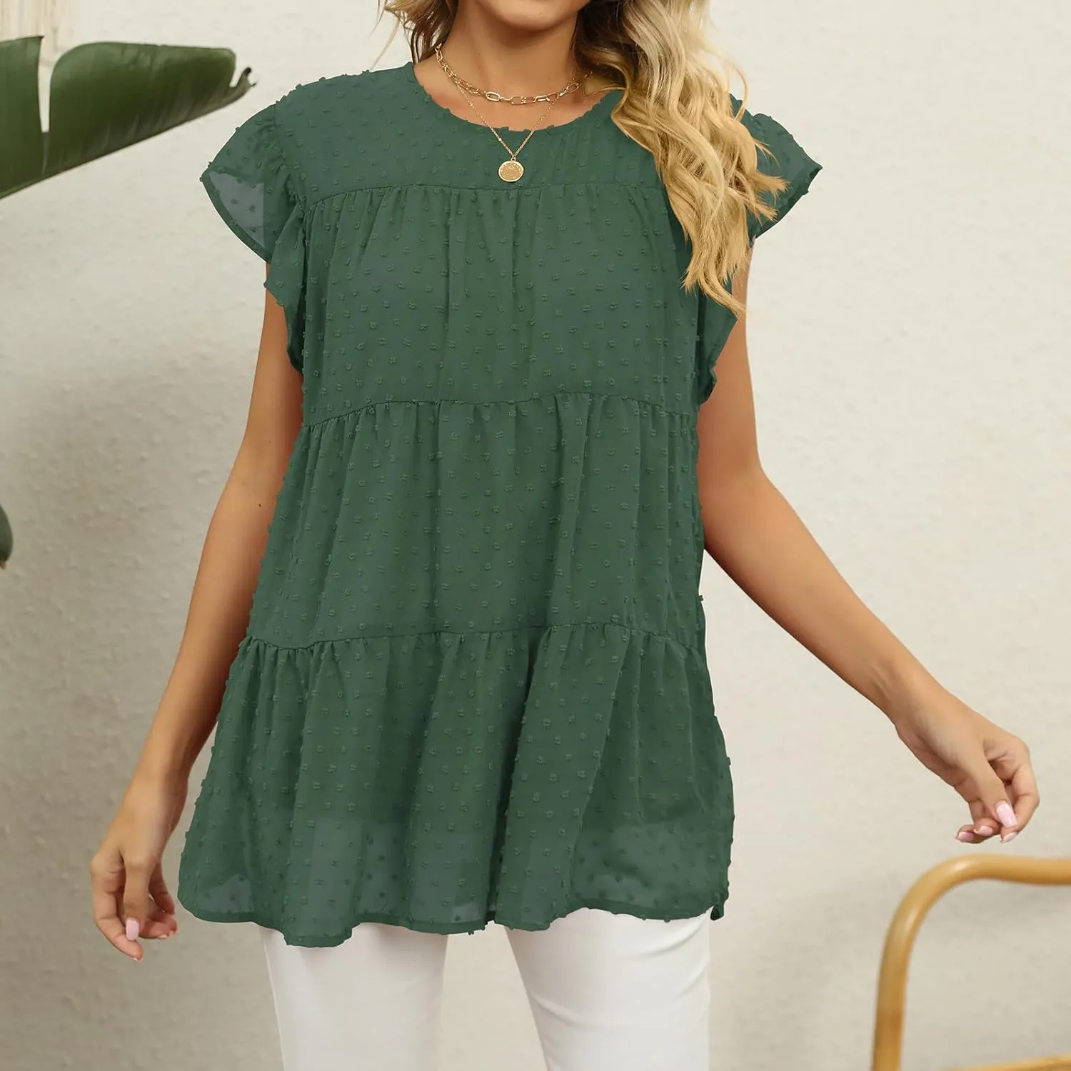 Blouses for Women Dressy Dasual Ruffle Short Sleeve T Shirts Crewneck Plain Basic Tees Trendy Sexy Summer Tops