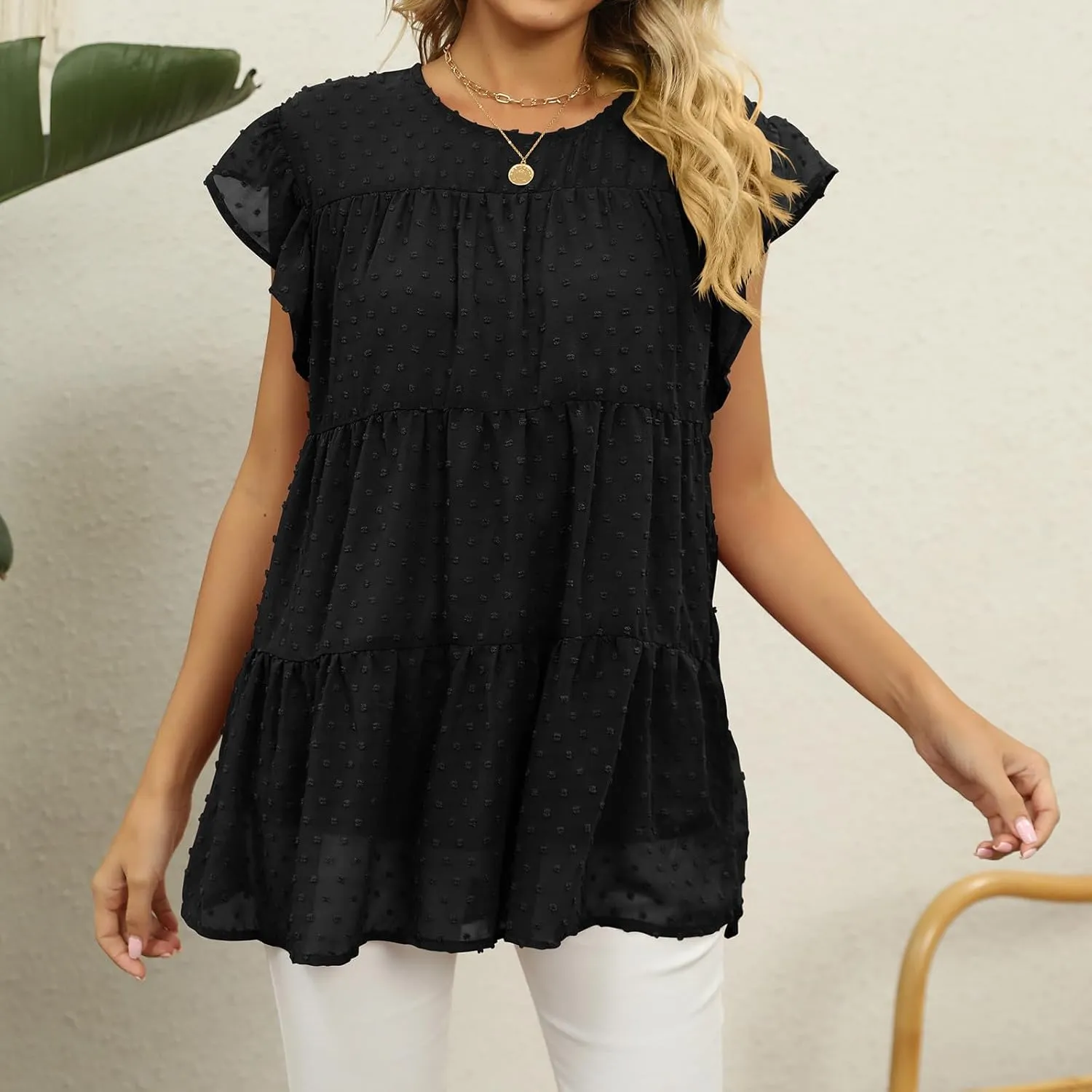 Blouses for Women Dressy Dasual Ruffle Short Sleeve T Shirts Crewneck Plain Basic Tees Trendy Sexy Summer Tops