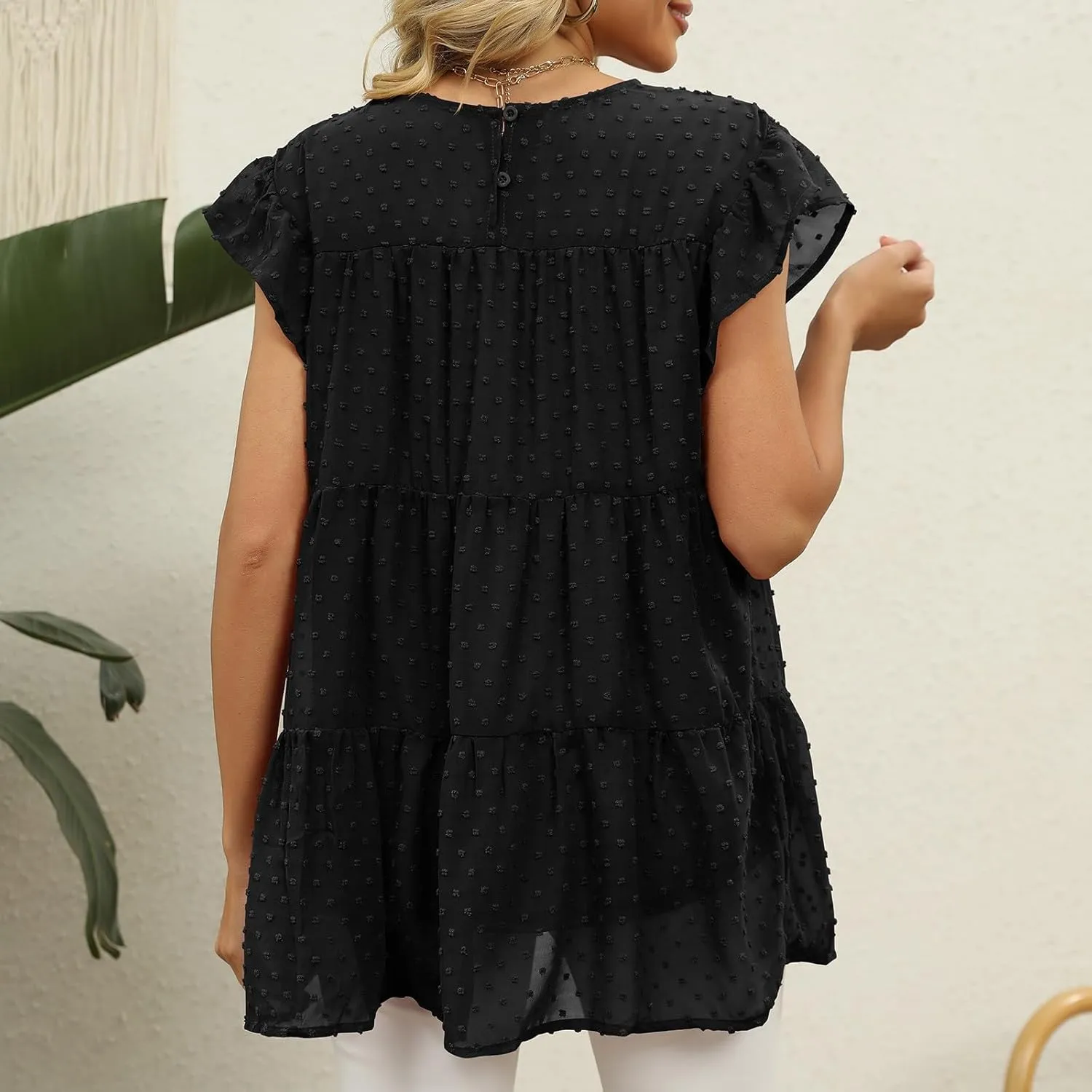 Blouses for Women Dressy Dasual Ruffle Short Sleeve T Shirts Crewneck Plain Basic Tees Trendy Sexy Summer Tops