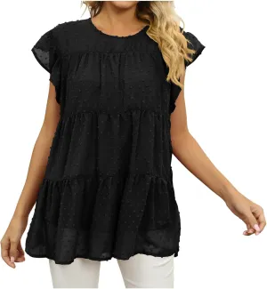 Blouses for Women Dressy Dasual Ruffle Short Sleeve T Shirts Crewneck Plain Basic Tees Trendy Sexy Summer Tops