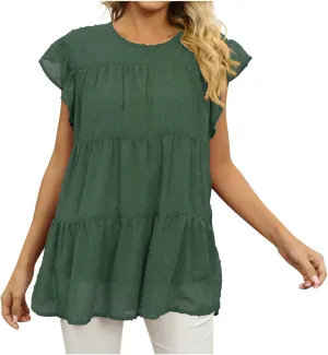 Blouses for Women Dressy Dasual Ruffle Short Sleeve T Shirts Crewneck Plain Basic Tees Trendy Sexy Summer Tops