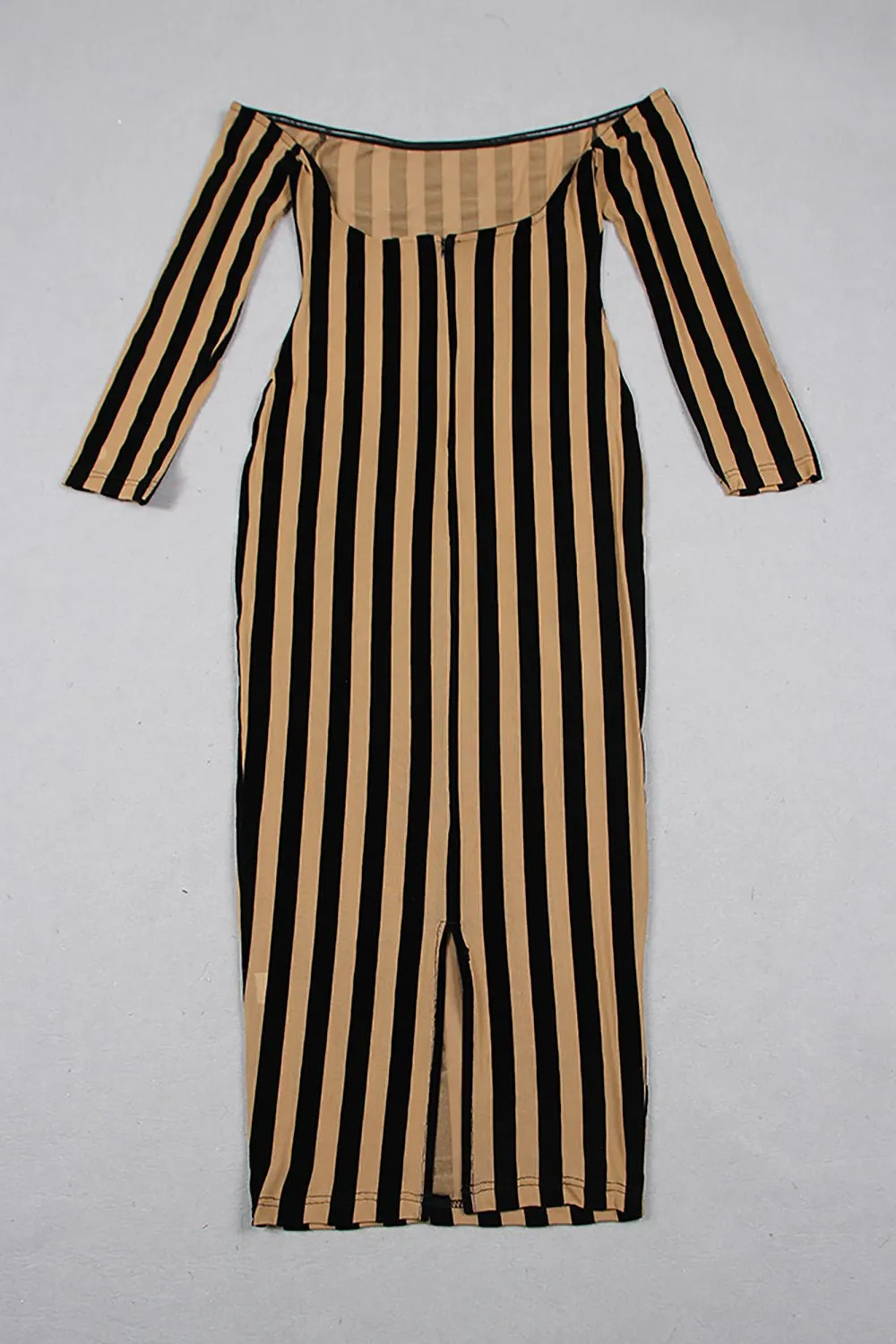 Boat Neck Striped Mid Length Mesh Gown