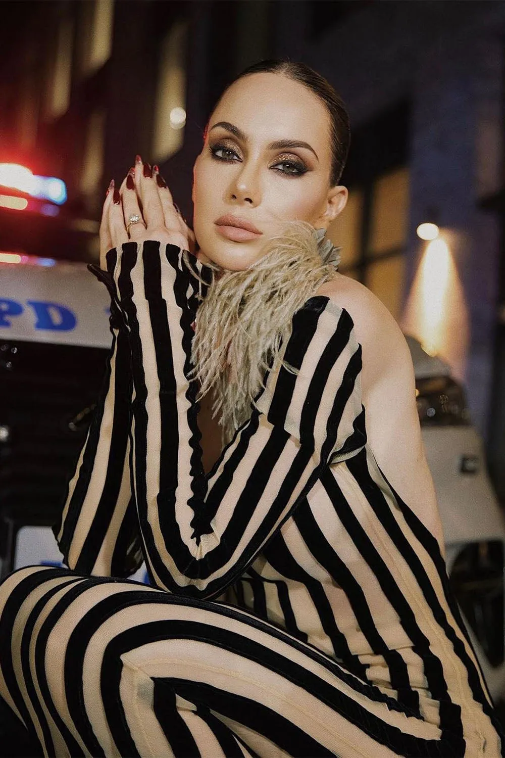 Boat Neck Striped Mid Length Mesh Gown