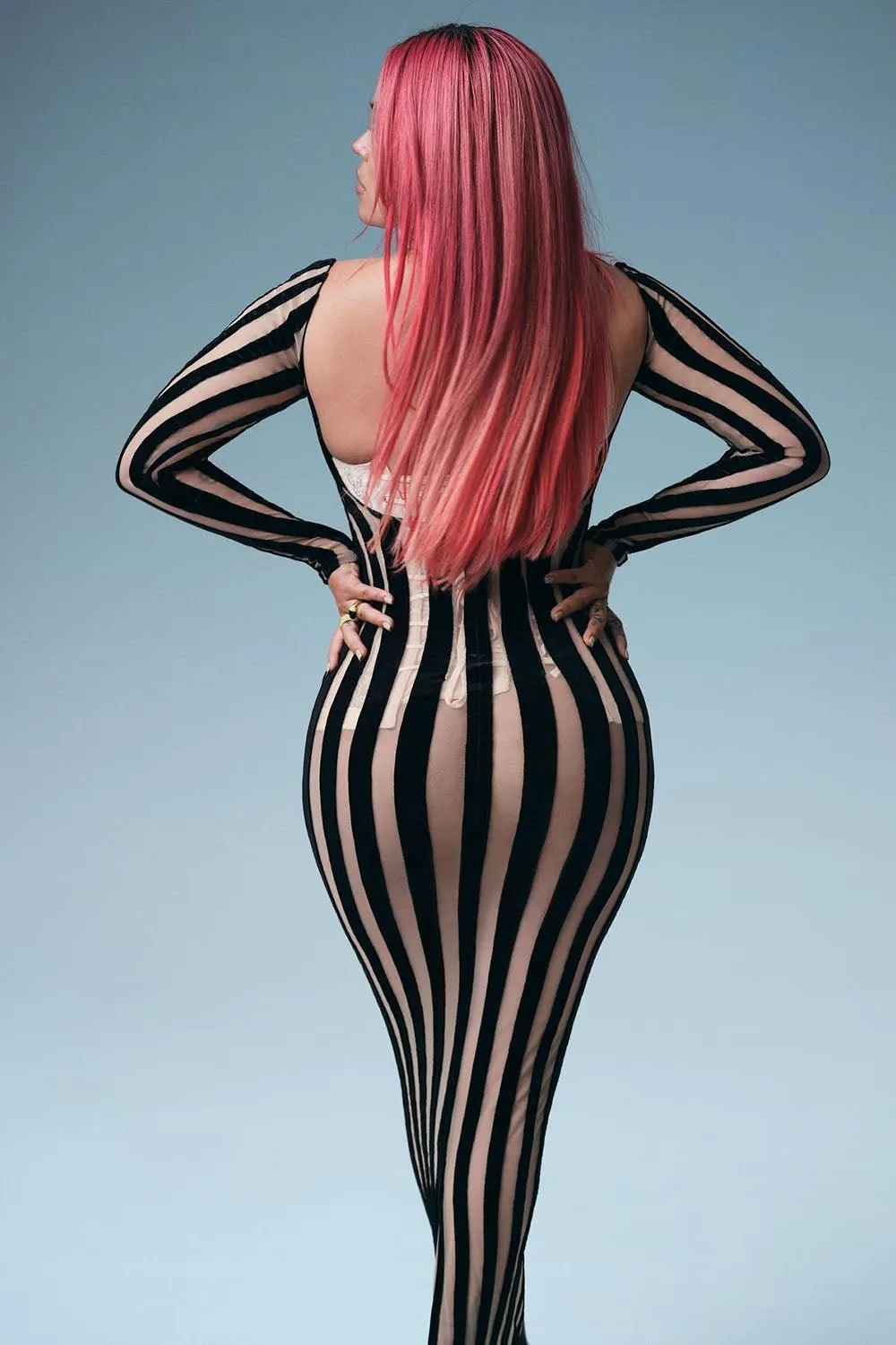 Boat Neck Striped Mid Length Mesh Gown