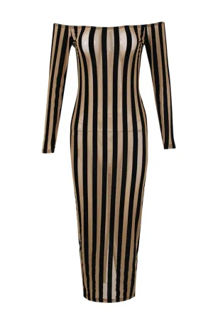 Boat Neck Striped Mid Length Mesh Gown
