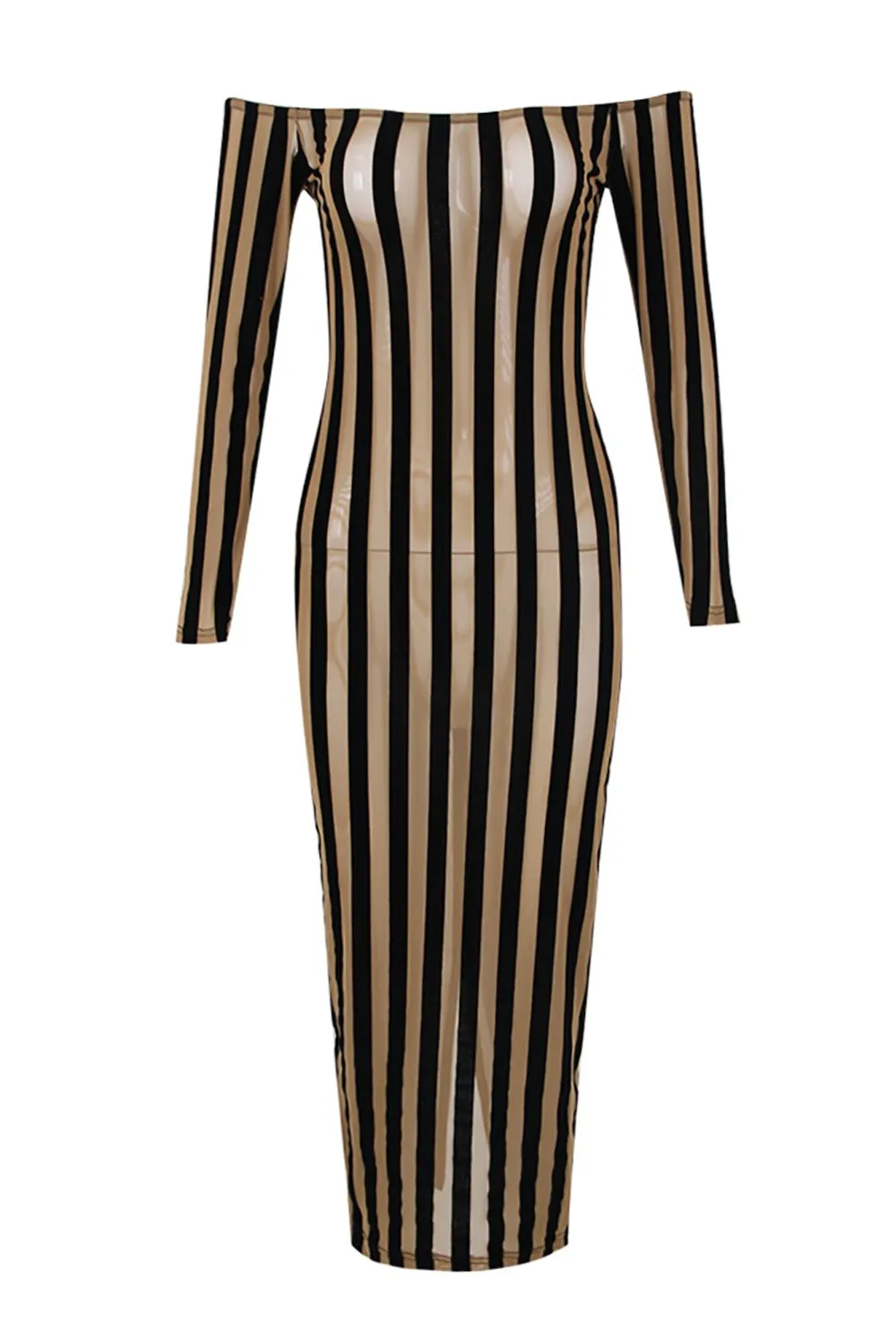 Boat Neck Striped Mid Length Mesh Gown