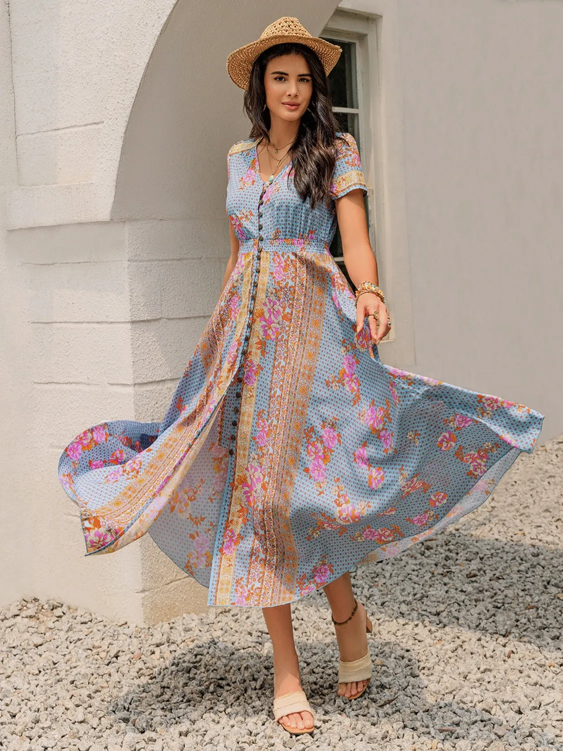 Boho Breeze Buttoned Maxi Dress