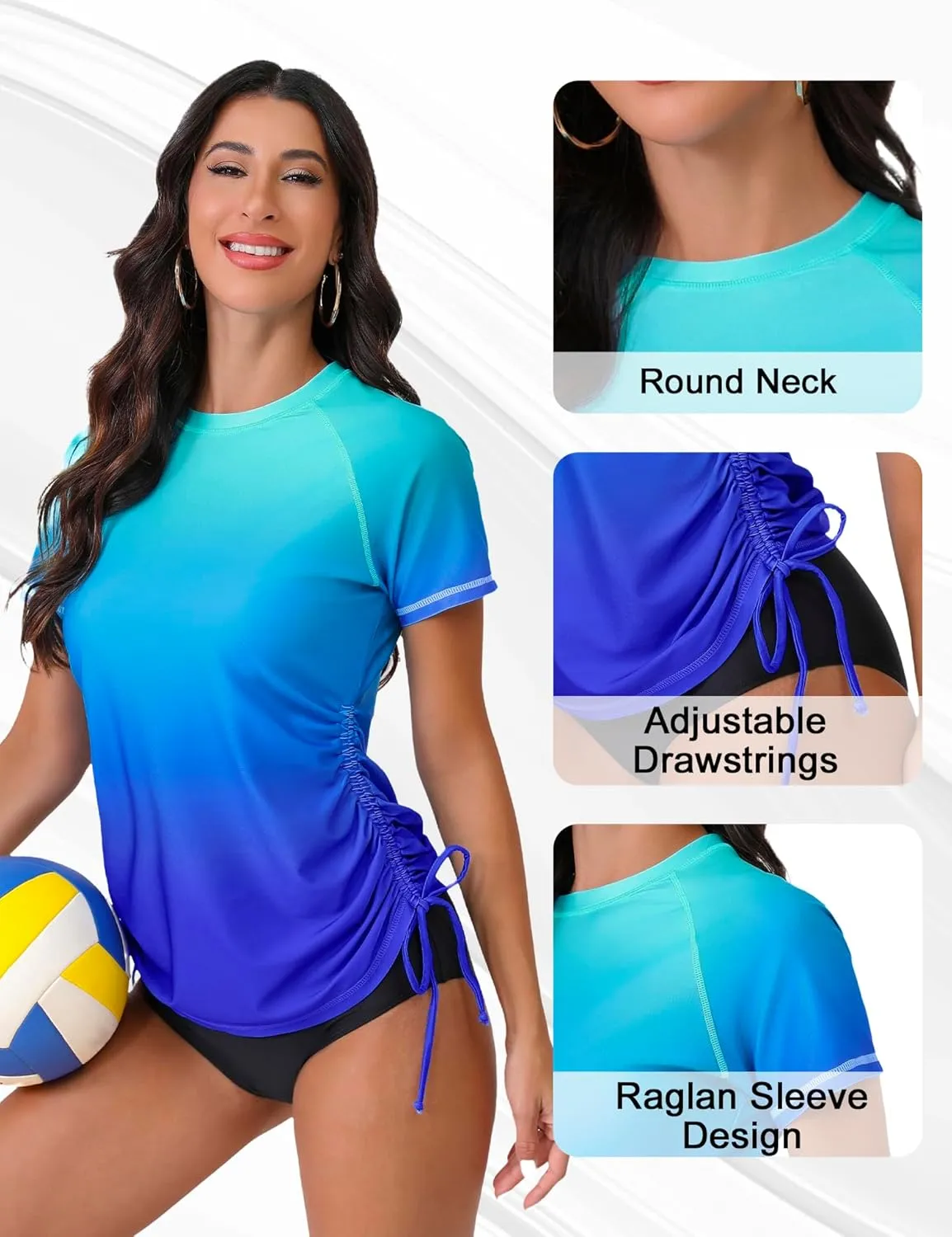 Bonneuitbebe Women's Short Sleeve Rash Guard Shirts UV Protection Swim Shirts UPF 50  Lightweight Adjustable Tie Swimwear