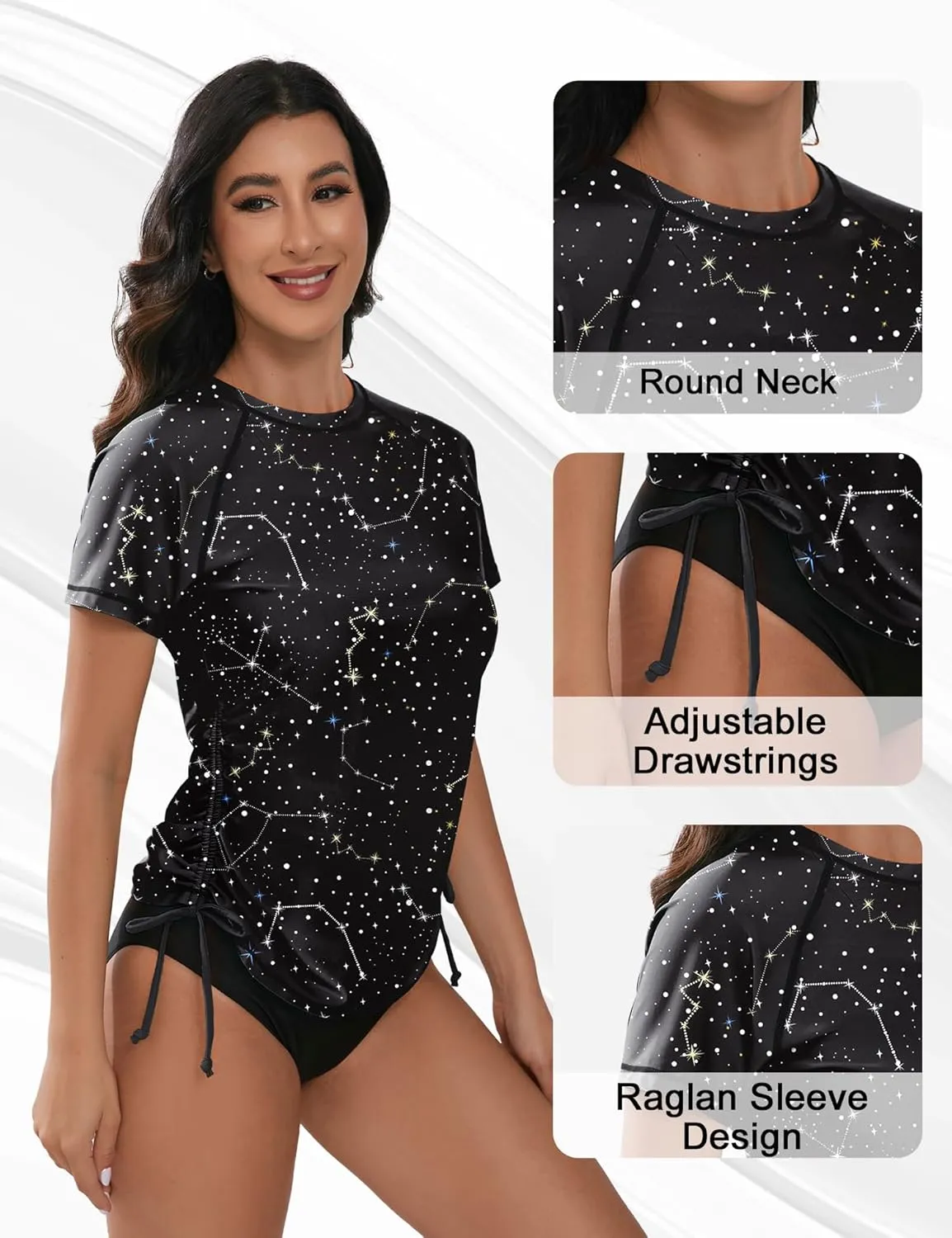 Bonneuitbebe Women's Short Sleeve Rash Guard Shirts UV Protection Swim Shirts UPF 50  Lightweight Adjustable Tie Swimwear