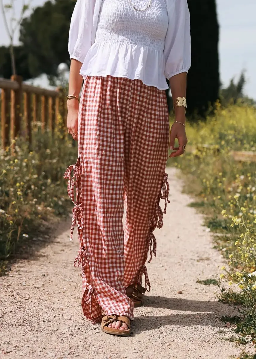 Bow Tie Side Gingham Pants for Women Y2k Plaid High Waist Wide Leg Lounge Trousers Casual Relax Fit Long Pants