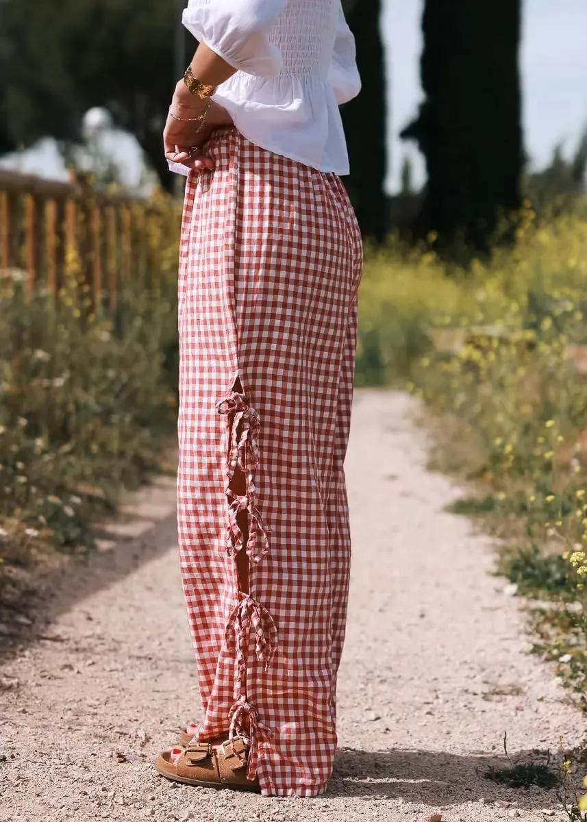 Bow Tie Side Gingham Pants for Women Y2k Plaid High Waist Wide Leg Lounge Trousers Casual Relax Fit Long Pants
