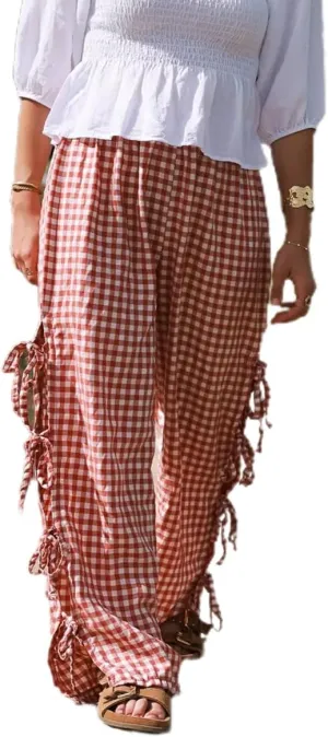 Bow Tie Side Gingham Pants for Women Y2k Plaid High Waist Wide Leg Lounge Trousers Casual Relax Fit Long Pants