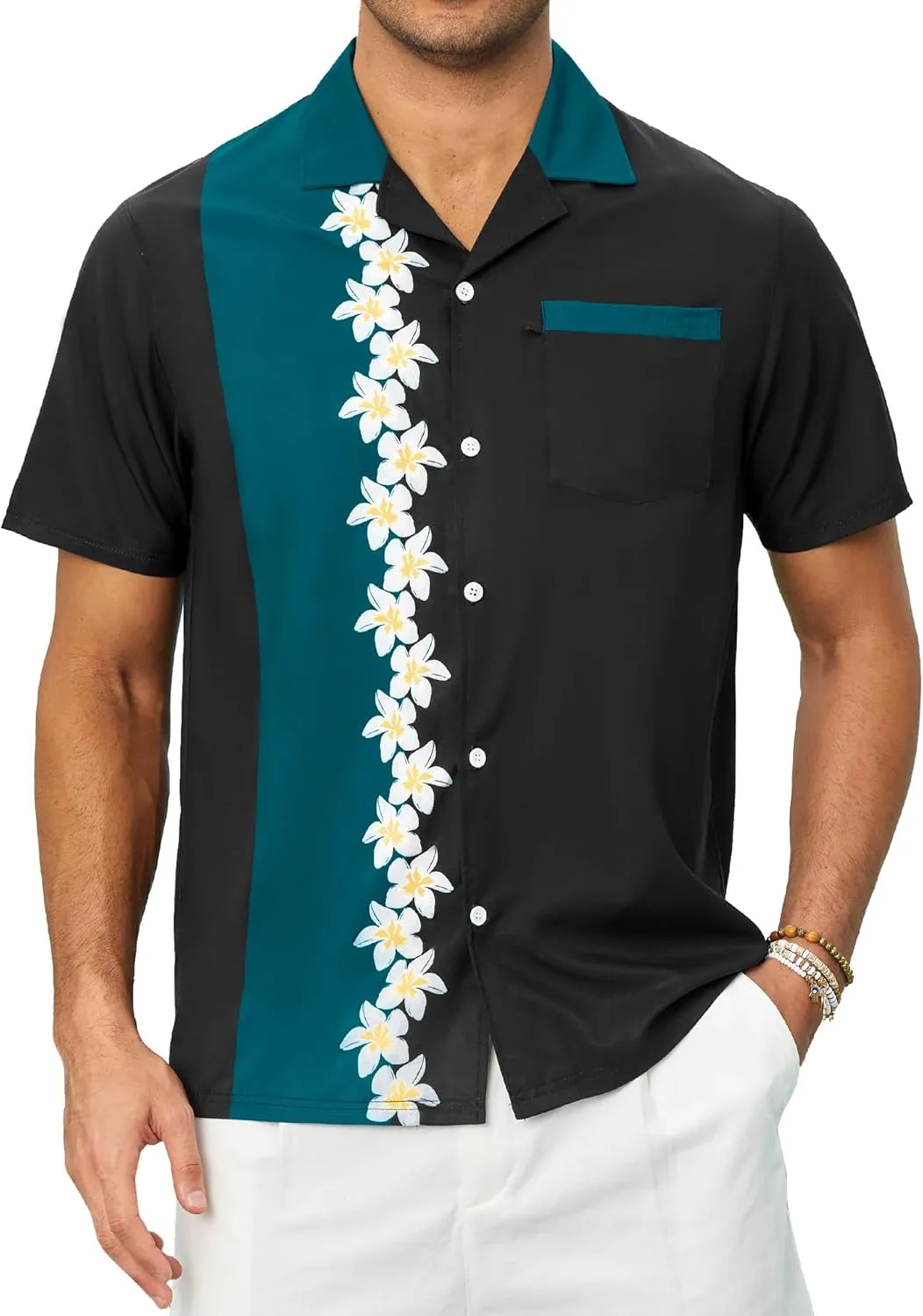Bowling Shirts for Men Short Sleeve Hawaiian Button Down Shirts 1950s Vintage Beach Casual Shirt with Pocket