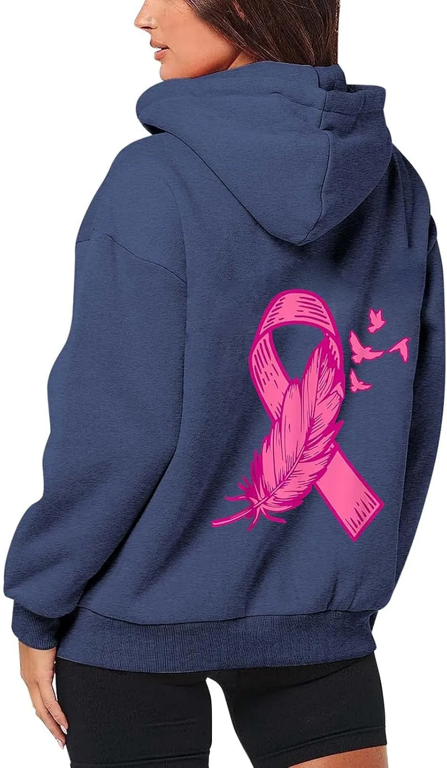 Breast Cancer Awareness Hoodies for Women Pink Ribbon Heart Graphic Sweatshirts Oversized Zip Up Hooded Tops