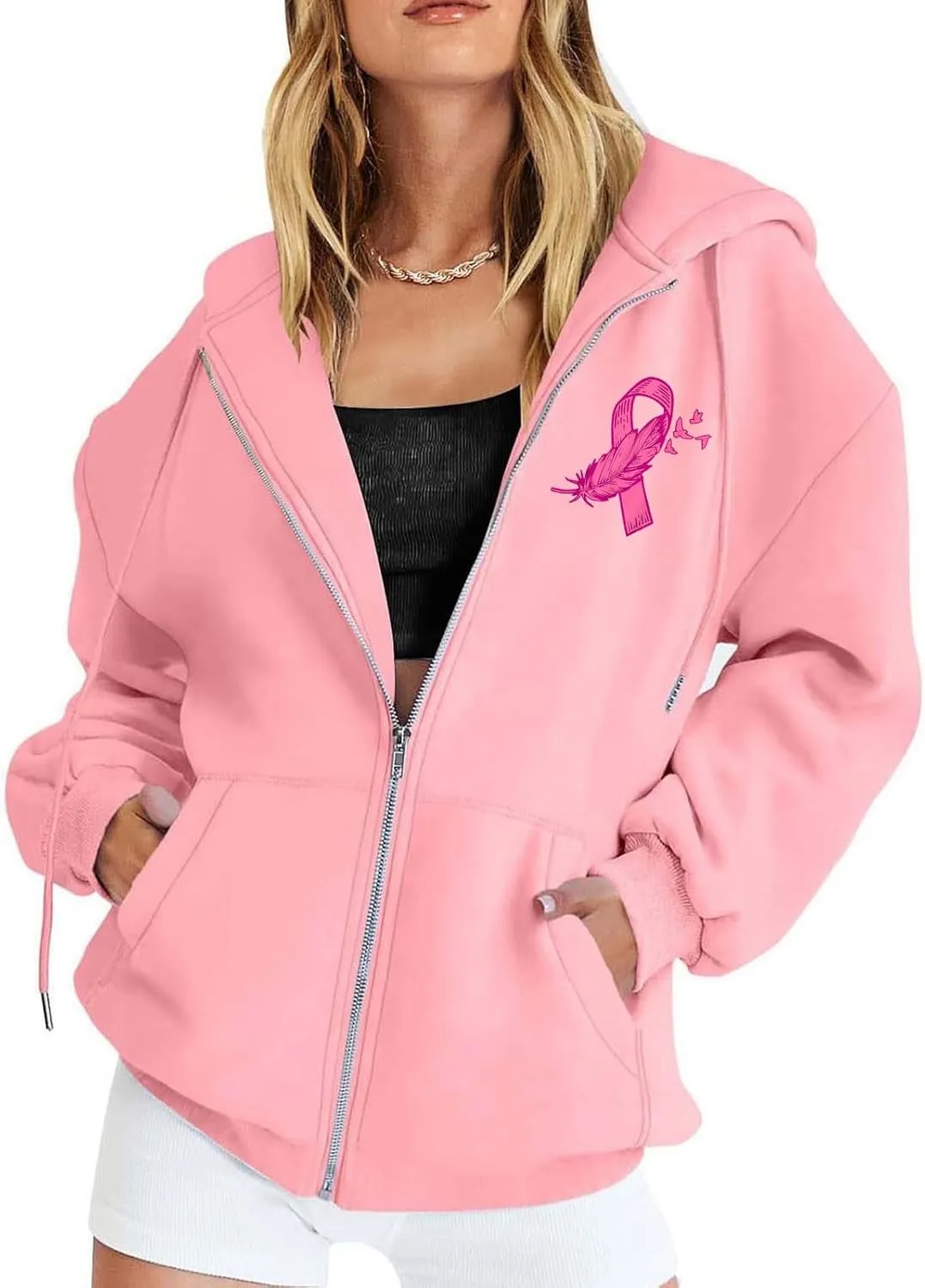 Breast Cancer Awareness Hoodies for Women Pink Ribbon Heart Graphic Sweatshirts Oversized Zip Up Hooded Tops