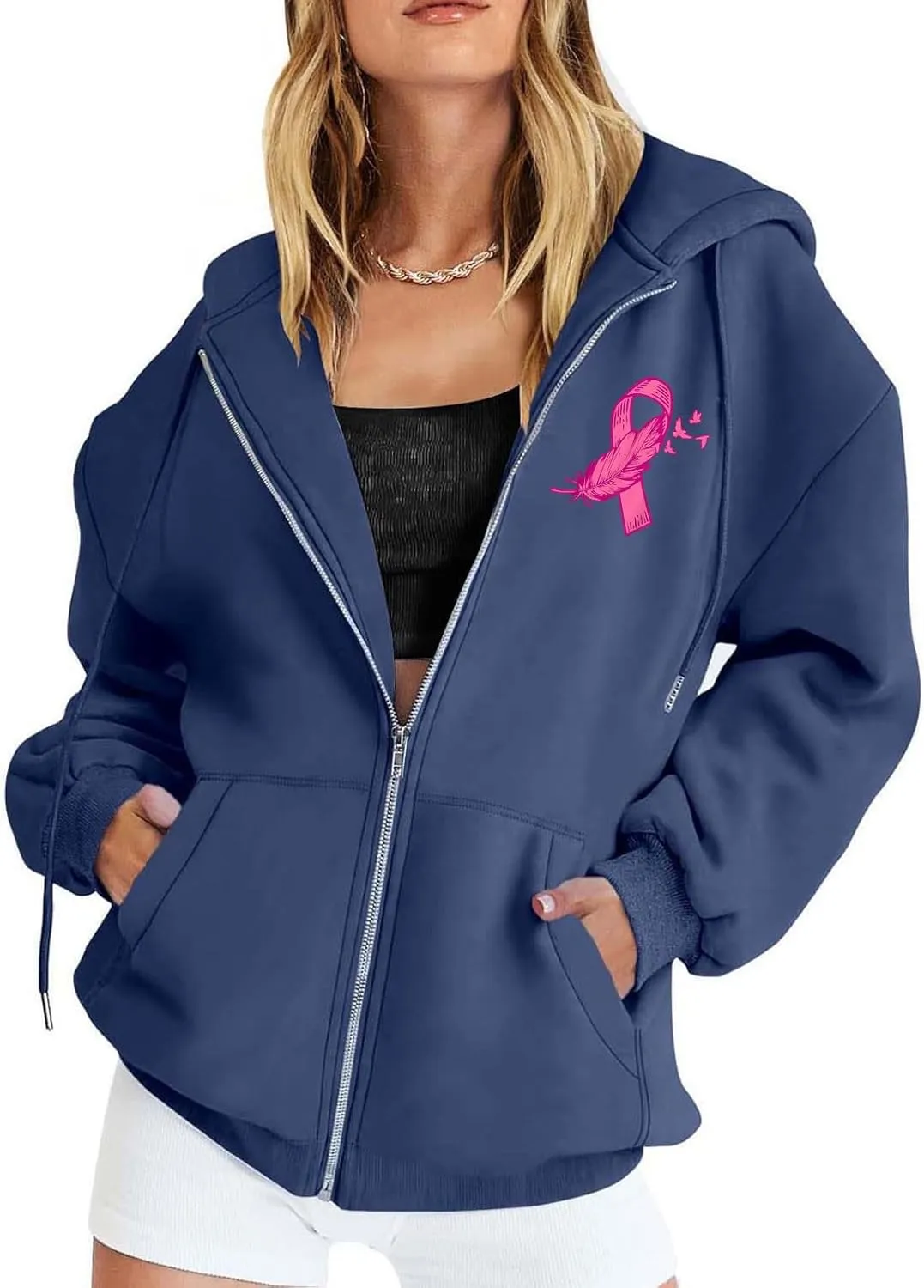 Breast Cancer Awareness Hoodies for Women Pink Ribbon Heart Graphic Sweatshirts Oversized Zip Up Hooded Tops