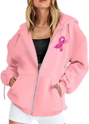 Breast Cancer Awareness Hoodies for Women Pink Ribbon Heart Graphic Sweatshirts Oversized Zip Up Hooded Tops