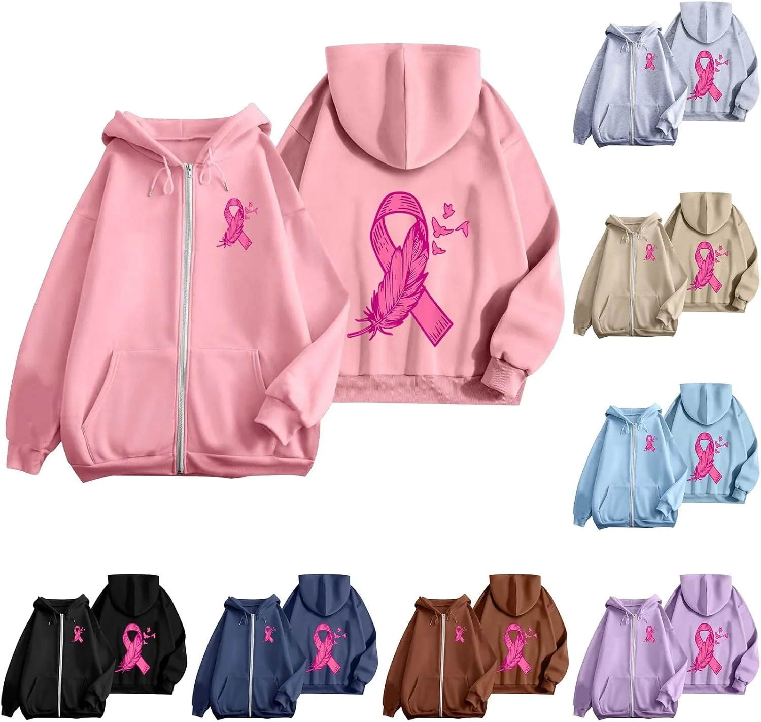 Breast Cancer Awareness Hoodies for Women Pink Ribbon Heart Graphic Sweatshirts Oversized Zip Up Hooded Tops