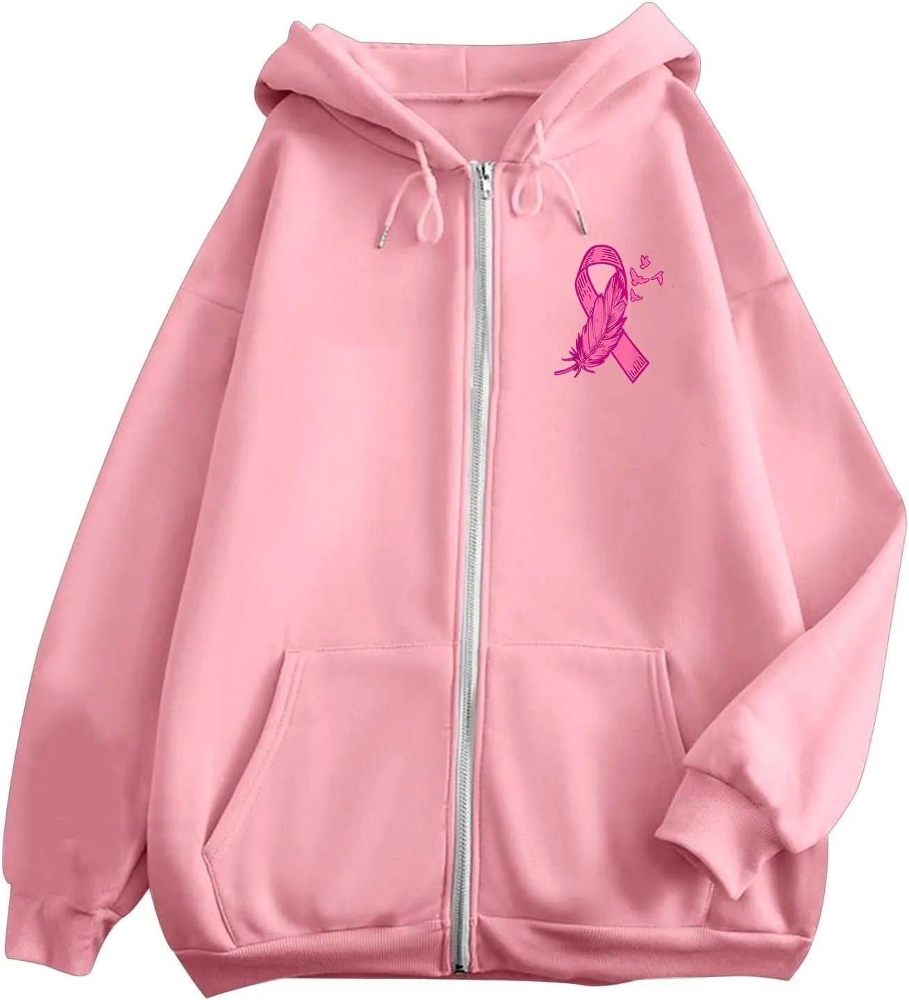 Breast Cancer Awareness Hoodies for Women Pink Ribbon Heart Graphic Sweatshirts Oversized Zip Up Hooded Tops