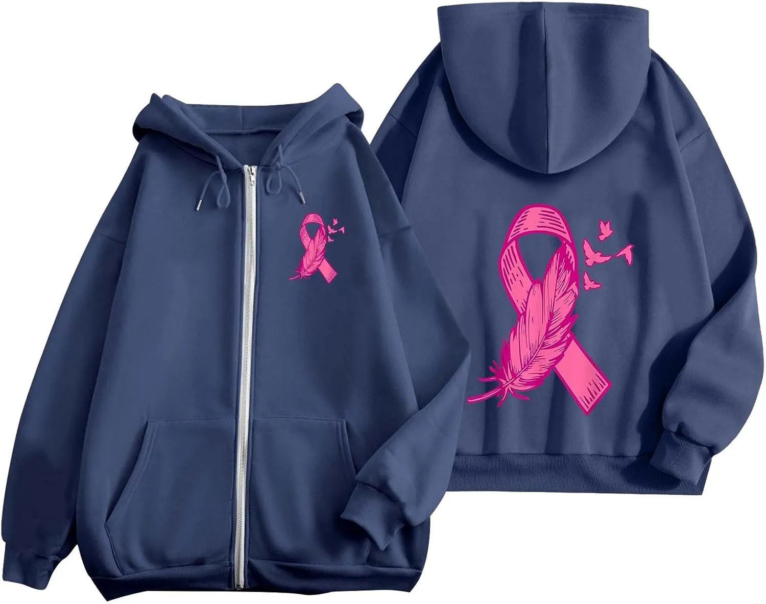 Breast Cancer Awareness Hoodies for Women Pink Ribbon Heart Graphic Sweatshirts Oversized Zip Up Hooded Tops