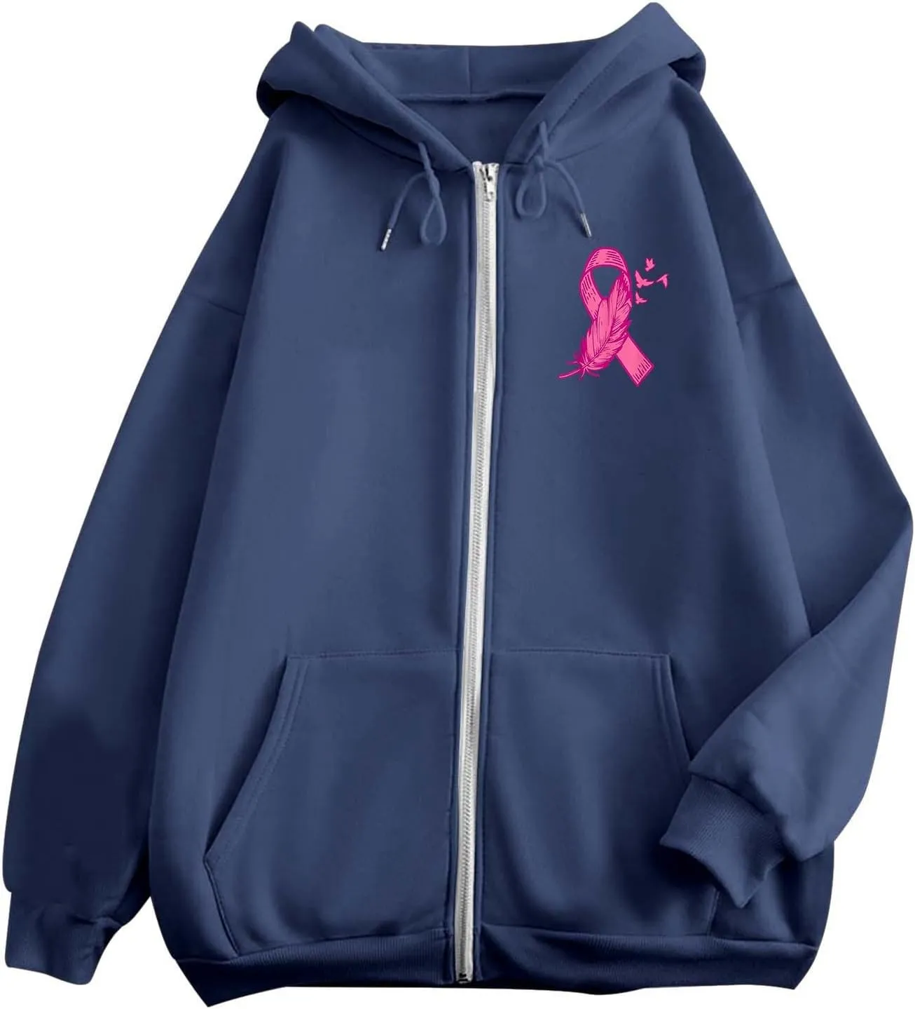 Breast Cancer Awareness Hoodies for Women Pink Ribbon Heart Graphic Sweatshirts Oversized Zip Up Hooded Tops