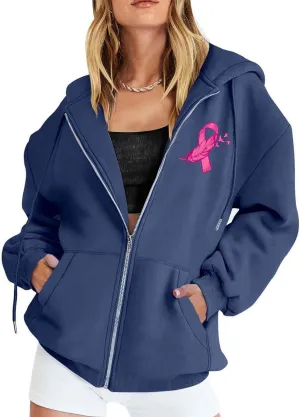 Breast Cancer Awareness Hoodies for Women Pink Ribbon Heart Graphic Sweatshirts Oversized Zip Up Hooded Tops