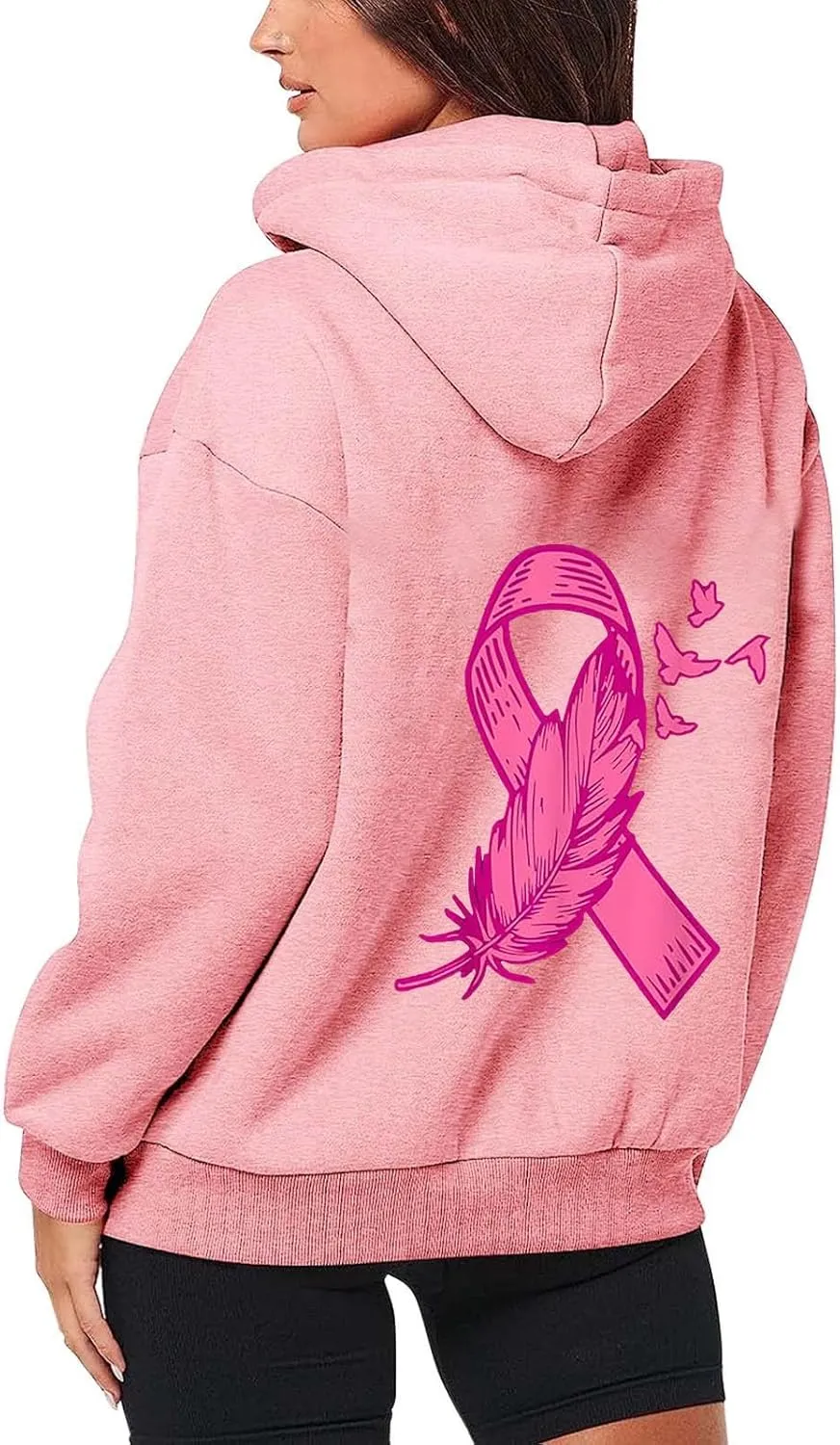 Breast Cancer Awareness Hoodies for Women Pink Ribbon Heart Graphic Sweatshirts Oversized Zip Up Hooded Tops
