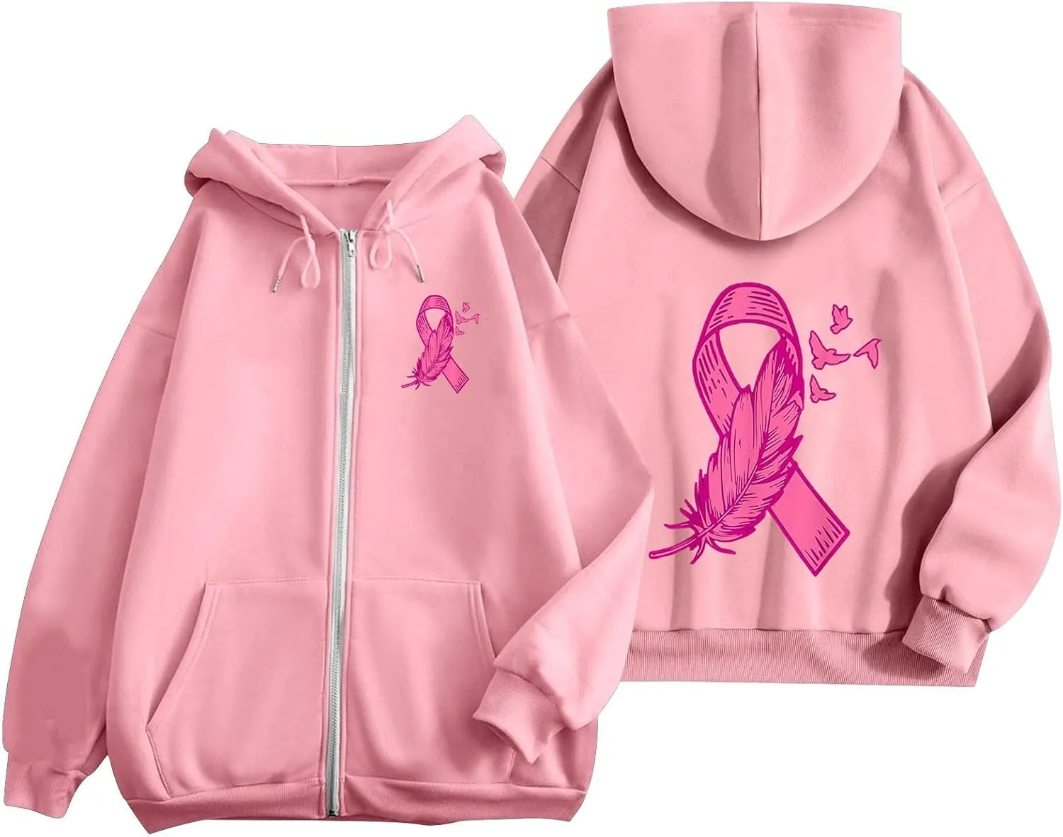 Breast Cancer Awareness Hoodies for Women Pink Ribbon Heart Graphic Sweatshirts Oversized Zip Up Hooded Tops