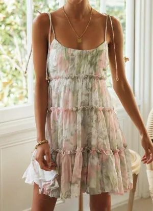 BSLVWG Womens Summer Mini Dress Sleeveless Flowy Cake Skater Dresses Ruffle Spaghetti Strap Dress Floral Camis Dresses