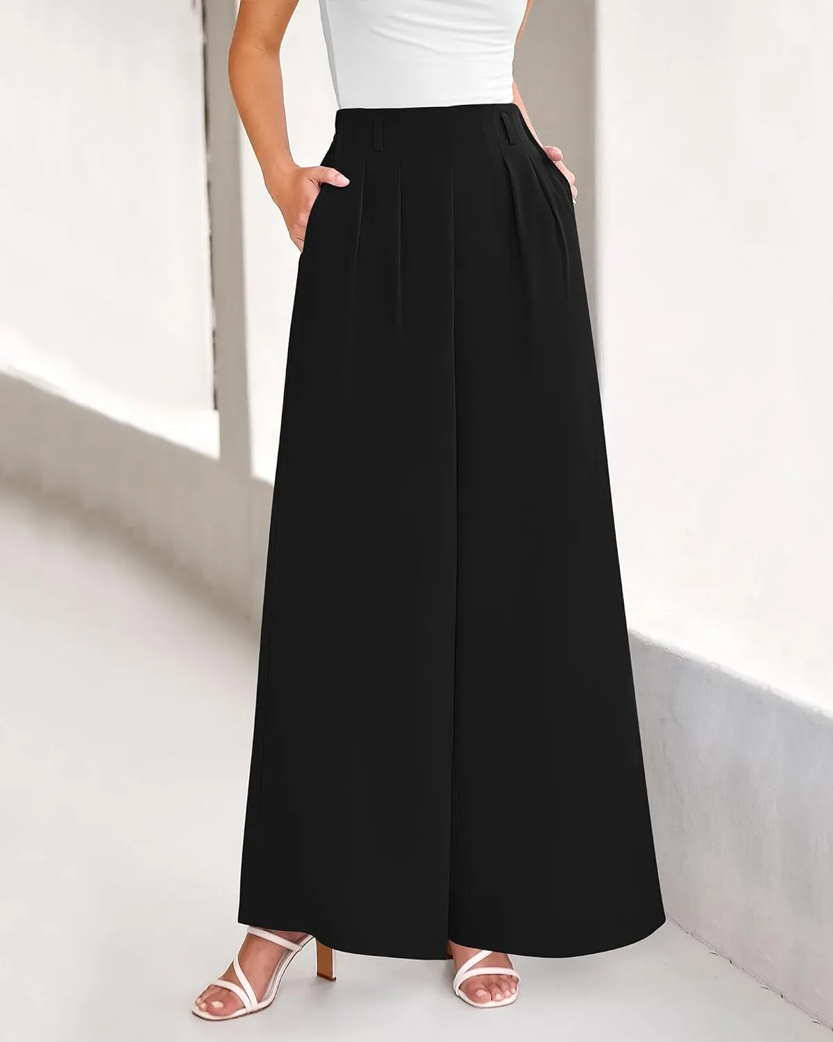 BTFBM Women's Elegant Flowy Dress Pants Front Pleated High Waisted Casual Wide Leg Loose Palazzo Trousers with Pockets