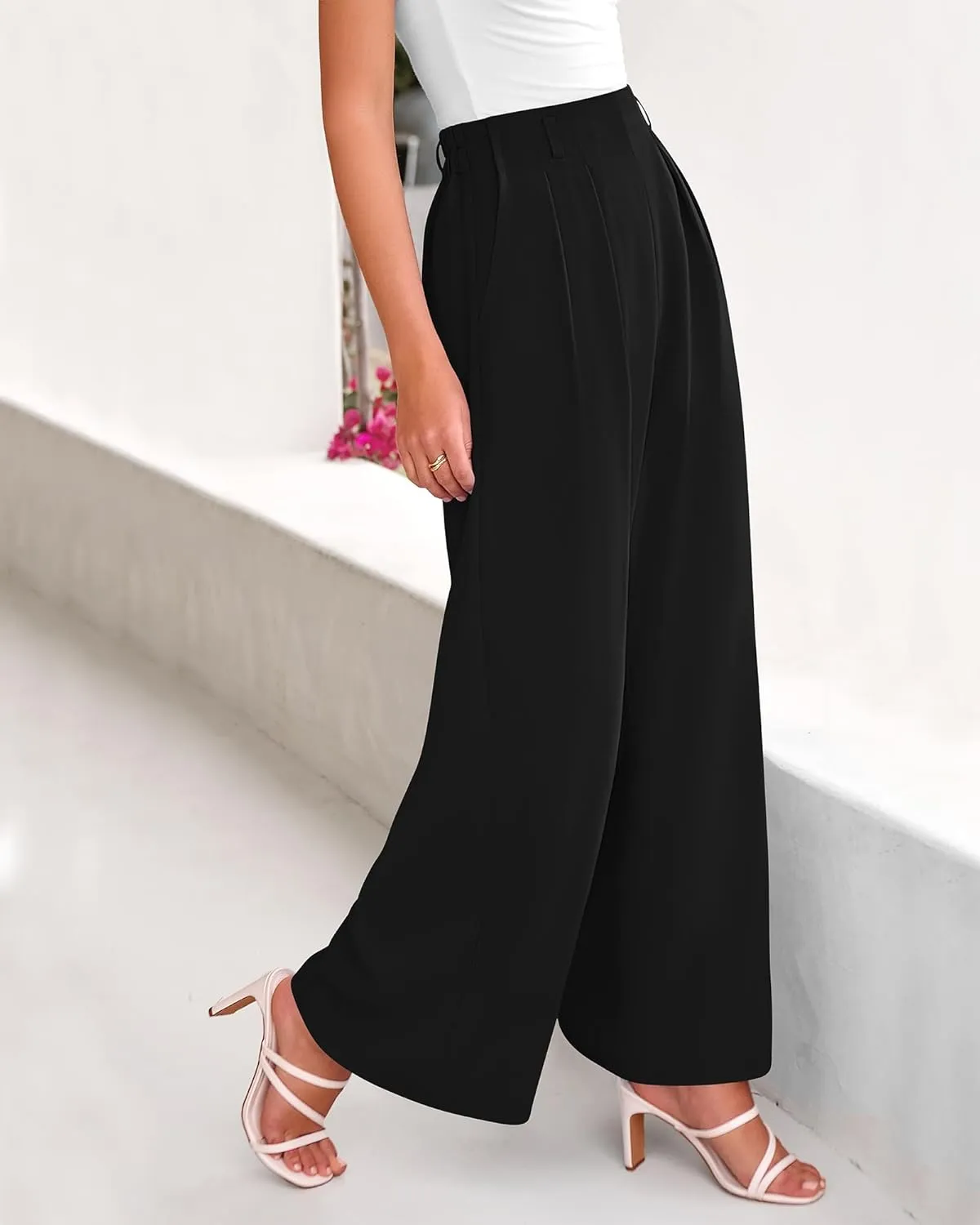 BTFBM Women's Elegant Flowy Dress Pants Front Pleated High Waisted Casual Wide Leg Loose Palazzo Trousers with Pockets