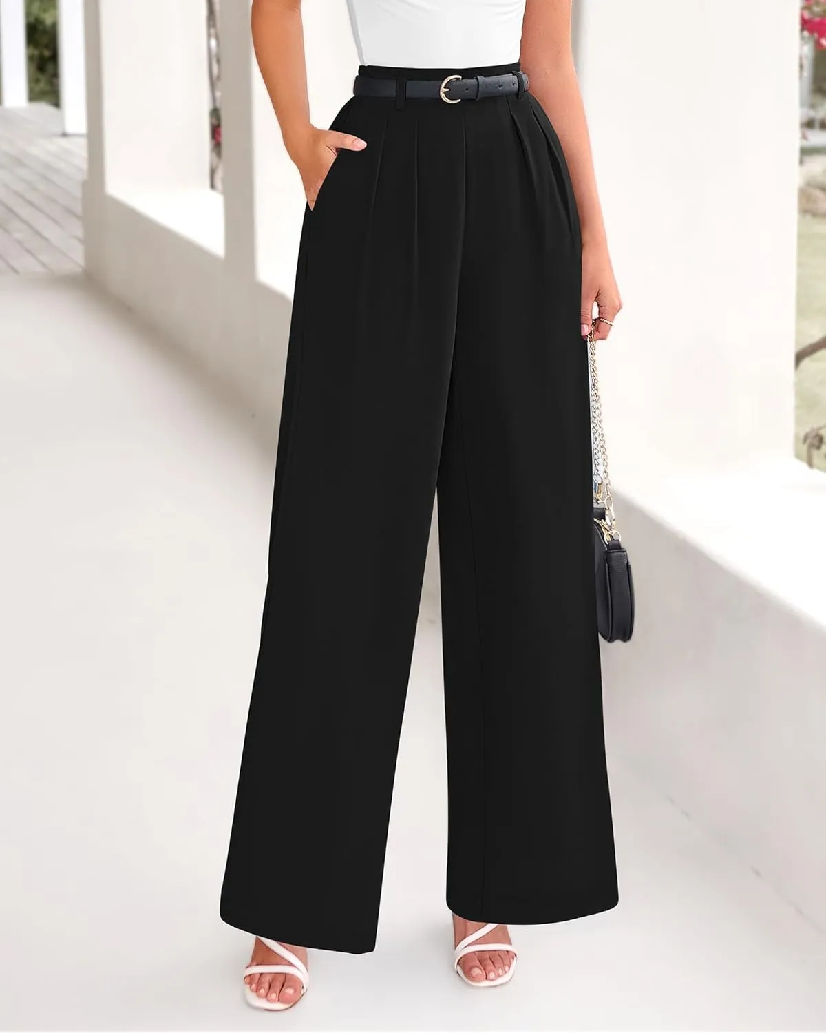 BTFBM Women's Elegant Flowy Dress Pants Front Pleated High Waisted Casual Wide Leg Loose Palazzo Trousers with Pockets
