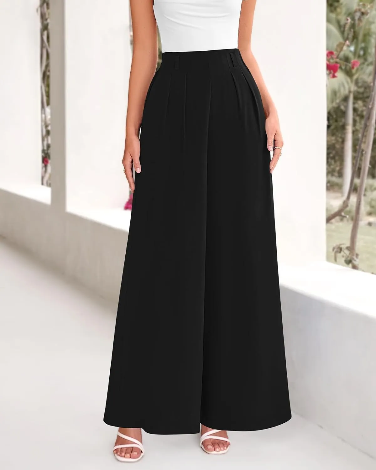 BTFBM Women's Elegant Flowy Dress Pants Front Pleated High Waisted Casual Wide Leg Loose Palazzo Trousers with Pockets