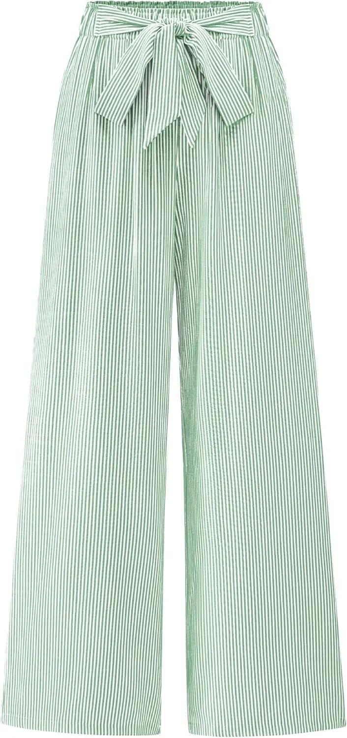BTFBM Womens Striped Wide Leg Pants Dressy High Waist Trousers Business Casual Loose Flowy Tie Knot Palazzo Pants
