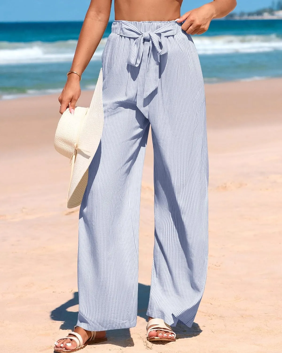 BTFBM Womens Striped Wide Leg Pants Dressy High Waist Trousers Business Casual Loose Flowy Tie Knot Palazzo Pants