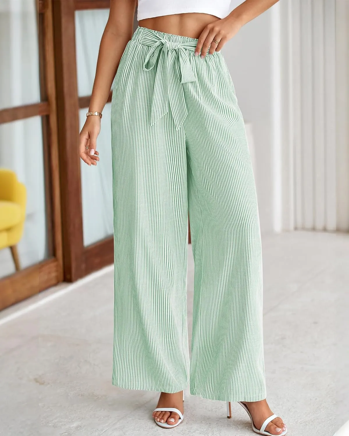 BTFBM Womens Striped Wide Leg Pants Dressy High Waist Trousers Business Casual Loose Flowy Tie Knot Palazzo Pants