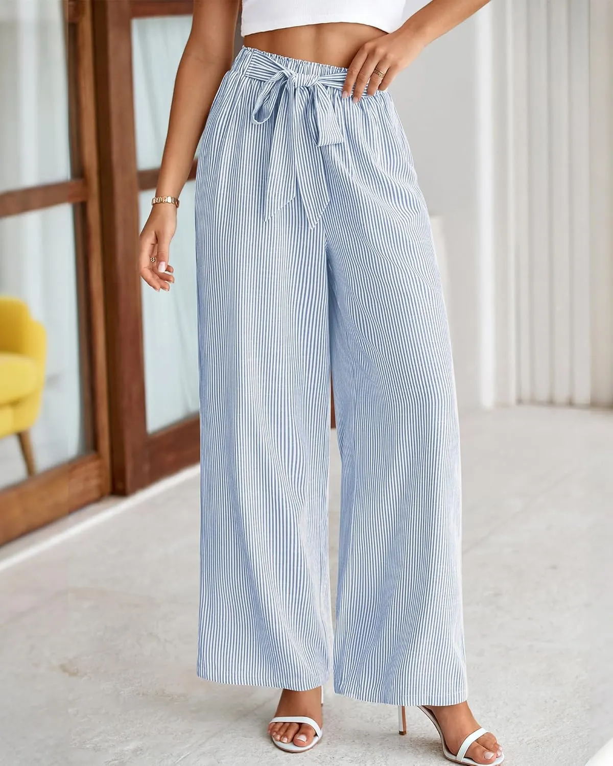 BTFBM Womens Striped Wide Leg Pants Dressy High Waist Trousers Business Casual Loose Flowy Tie Knot Palazzo Pants